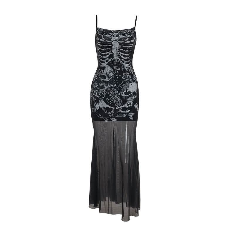 U neck skull print mesh backless cami maxi dress  | Festival Outfits Women