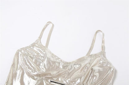 Metallic v neck metal tag backless sleeveless cami bodysuit