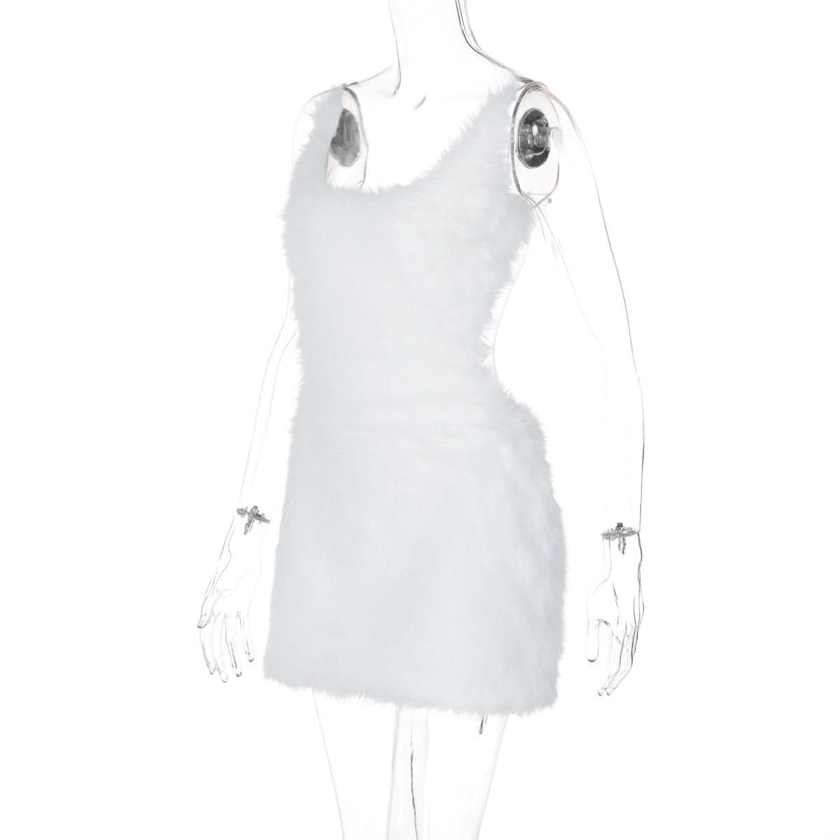 U neck fluffy zip-up backless cami mini dress  | Festival Outfits Women