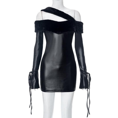 Long sleeve off shoulder PU leather furry solid mini dress