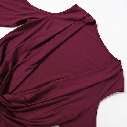Long flared sleeve off shoulder cowl neck ruched solid mini dress  | Festival Outfits Women