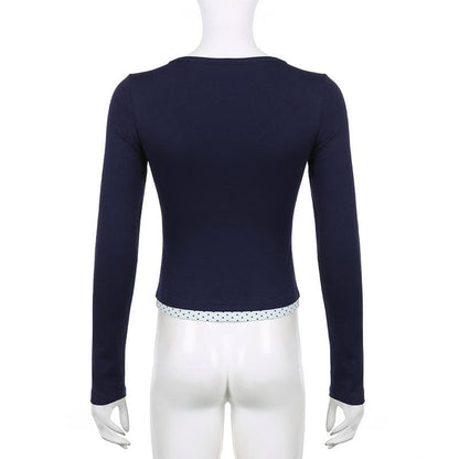 Polka dot patchwork long sleeve lace hem button top  | Festival Outfits Women