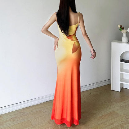 U neck gradient flower print cami maxi dress  | Festival Outfits Women
