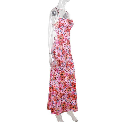 Cross back self tie flower print cami maxi dress  | Festival Outfits Women