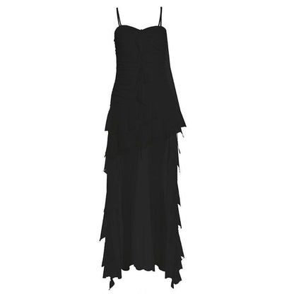 Ruched mesh ruffle sweetheart neck cami maxi dress  | Festival Outfits Women