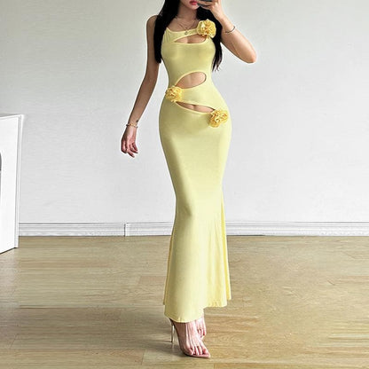 Hollow out rose applique solid cami cut out maxi dress  | Festival Outfits Women