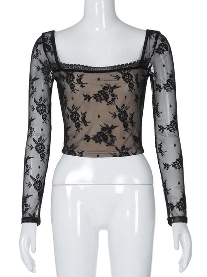 Long sleeve square neck lace patchwork top  | Festival Outfits Women