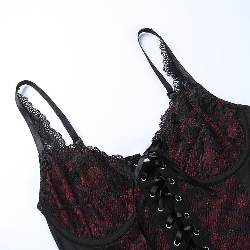 Lace v neck contrast lace up backless crop top