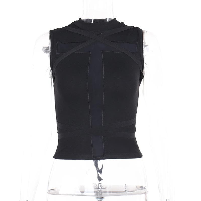 Crewneck patchwork cross front cross pattern tank top  | Festival Outfits Women