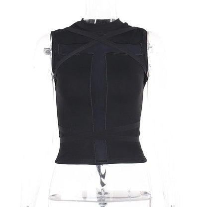 Crewneck patchwork cross front cross pattern tank top  | Festival Outfits Women