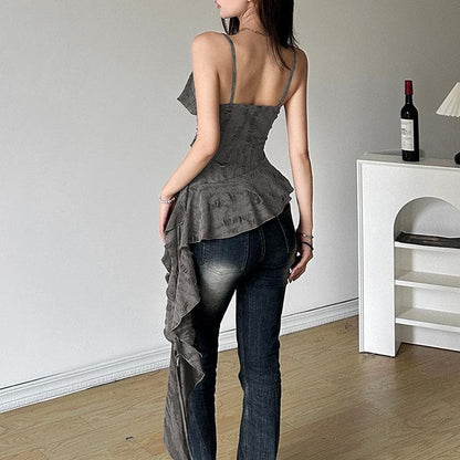 V neck ruffle irregular backless solid cami top  | Festival Outfits Women