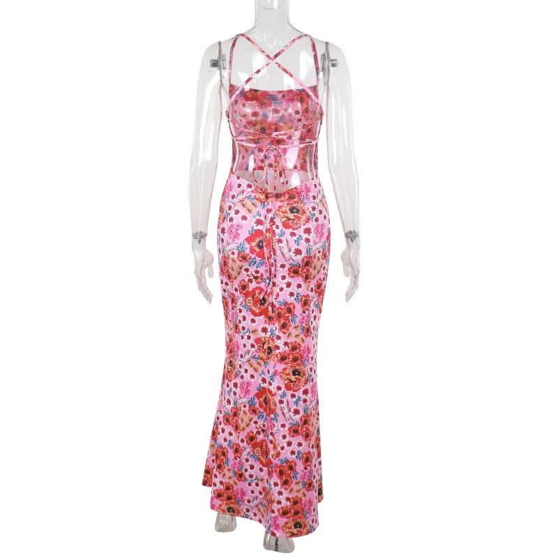 Cross back self tie flower print cami maxi dress  | Festival Outfits Women