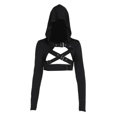 Hoodie long sleeve buckle cross back crop top  | Festival Outfits Women
