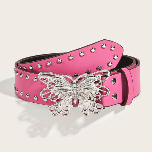 Silver butterfly hollow out beaded PU leather belt  | Festival Outfits Women
