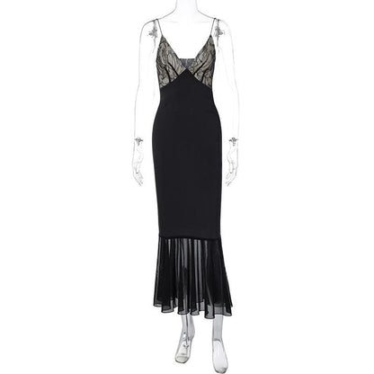 Lace patchwork contrast ruched v neck backless midi dress  | Festival Outfits Women