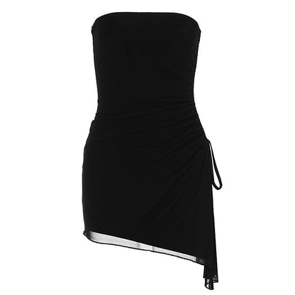 Drawstring ruched mesh irregular tube mini dress  | Festival Outfits Women