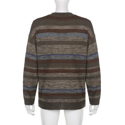 Knitted striped contrast long sleeve crewneck top