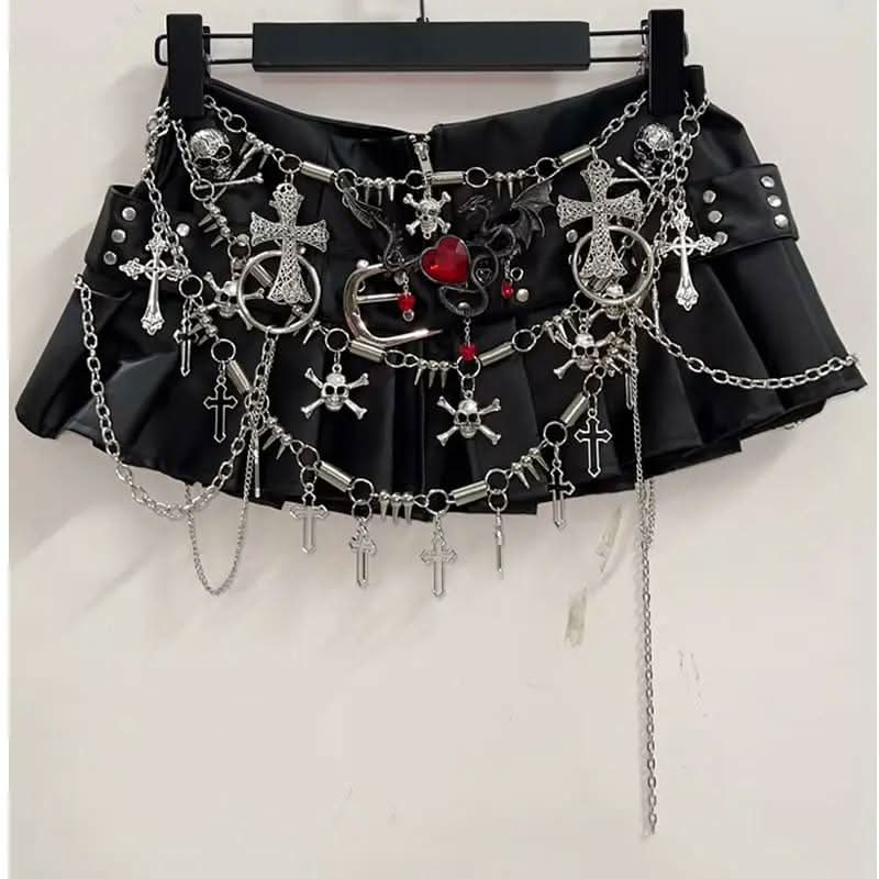 Cross applique pleated zip-up o ring mini skirt  | Festival Outfits Women
