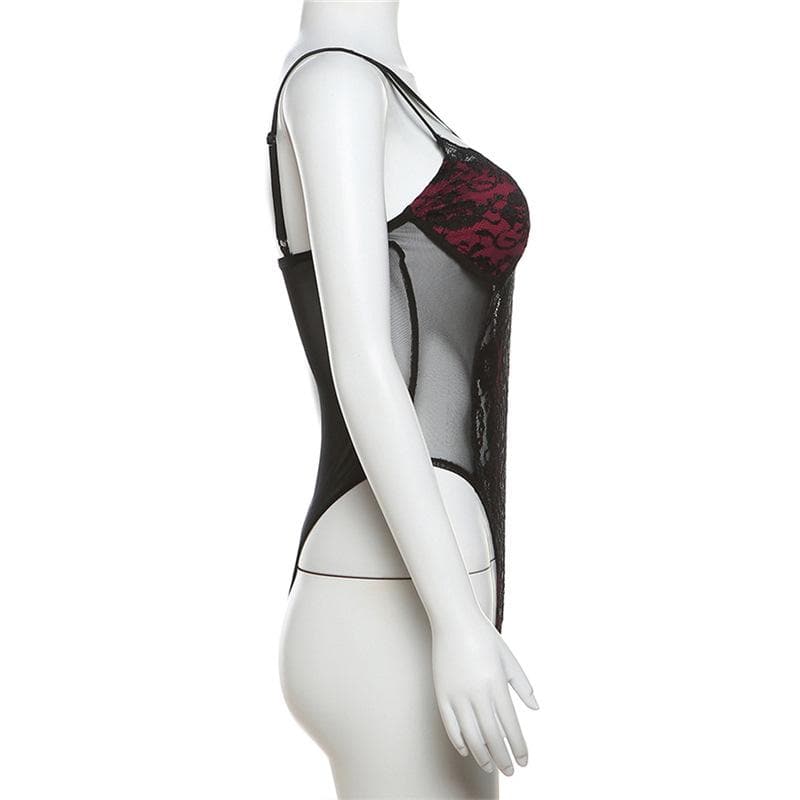 Patchwork v neck lace contrast bodysuit  | Festival Outfits Women