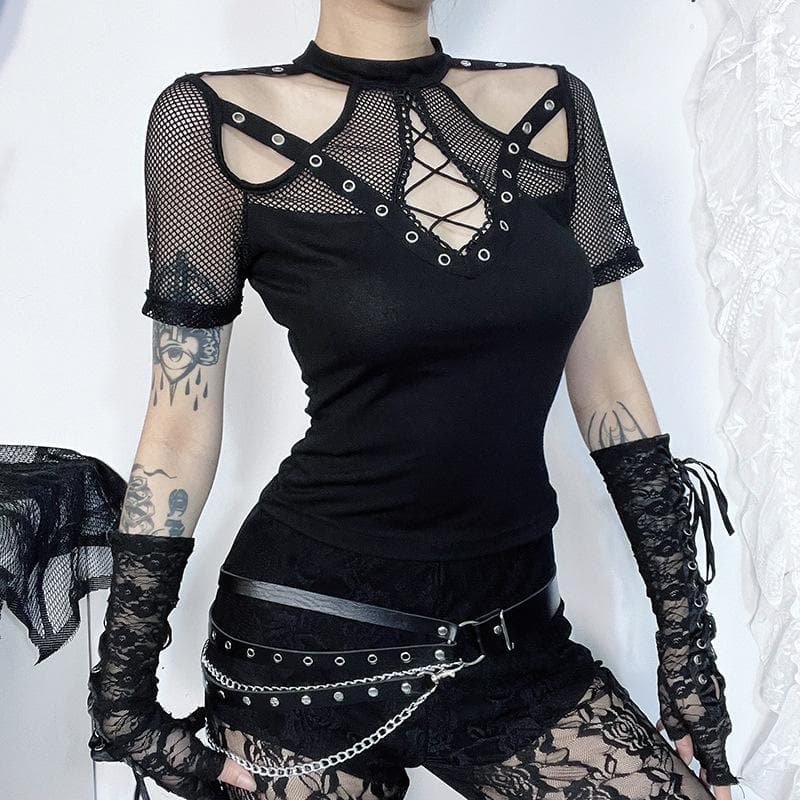 Short sleeve fishnet hollow out patchwork cut out top  | Festival Outfits Women