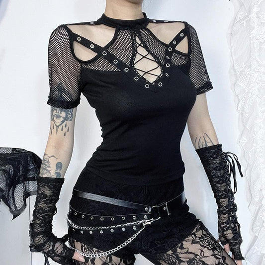 Short sleeve fishnet hollow out patchwork cut out top  | Festival Outfits Women