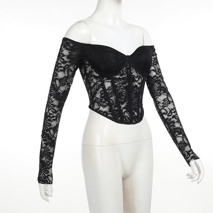 Lace solid long sleeve corset off shoulder top  | Festival Outfits Women