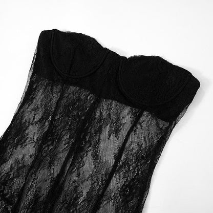Lace see through solid self tie irregular backless tube jumpsuit  | Festival Outfits Women