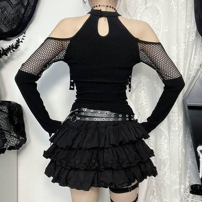 Off shoulder long sleeve fishnet patchwork buckle top  | Festival Outfits Women