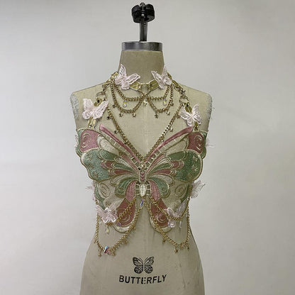 Butterfly embroidery metal chain halter top with choker  | Festival Outfits Women