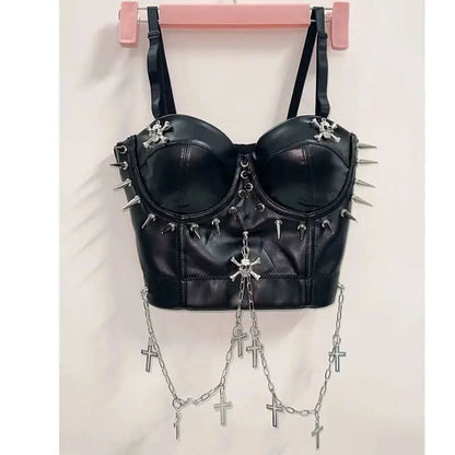 PU leather rivet skull metal chain cami top  | Festival Outfits Women