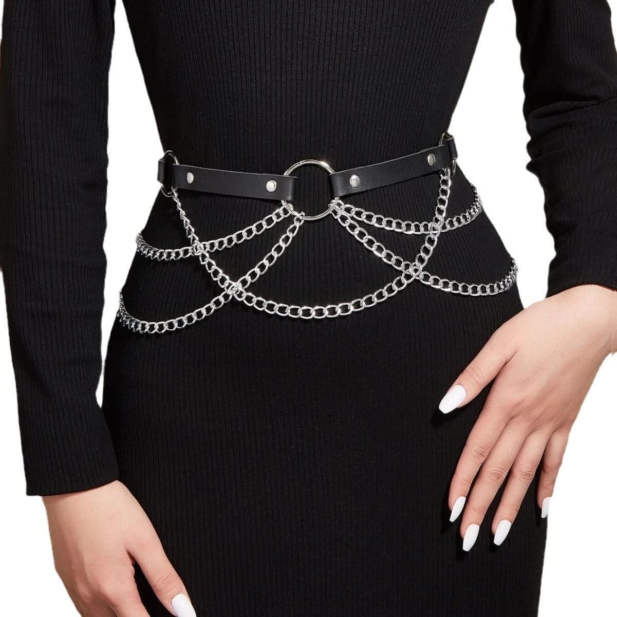 Metal chain o ring PU leather belt  | Festival Outfits Women