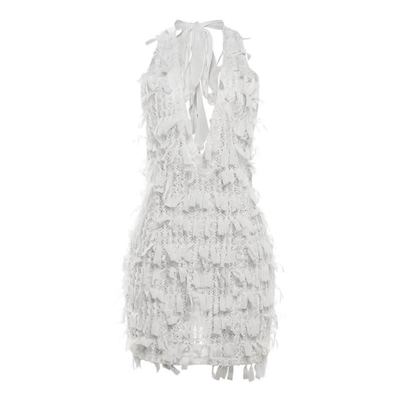 Deep V neck halter self tie backless zip-up mini dress  | Festival Outfits Women