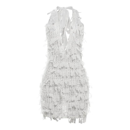 Deep V neck halter self tie backless zip-up mini dress  | Festival Outfits Women