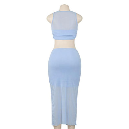 Crewneck sleeveless ruched mesh crop maxi skirt set  | Festival Outfits Women