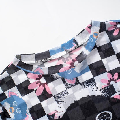 Long sleeve plaid print sheer mesh top  | Festival Outfits Women