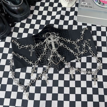 PU leather metal chain cross applique waist chain  | Festival Outfits Women