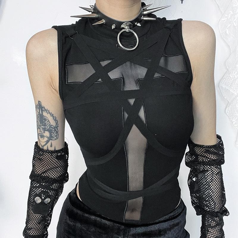 Crewneck patchwork cross front cross pattern tank top  | Festival Outfits Women