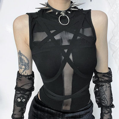 Crewneck patchwork cross front cross pattern tank top  | Festival Outfits Women