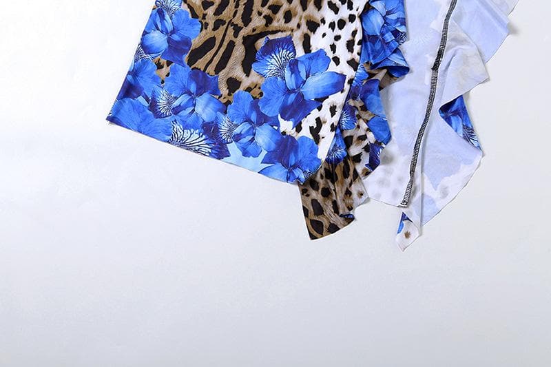 Leopard print contrast ruffle high slit tube maxi dress  | Festival Outfits Women