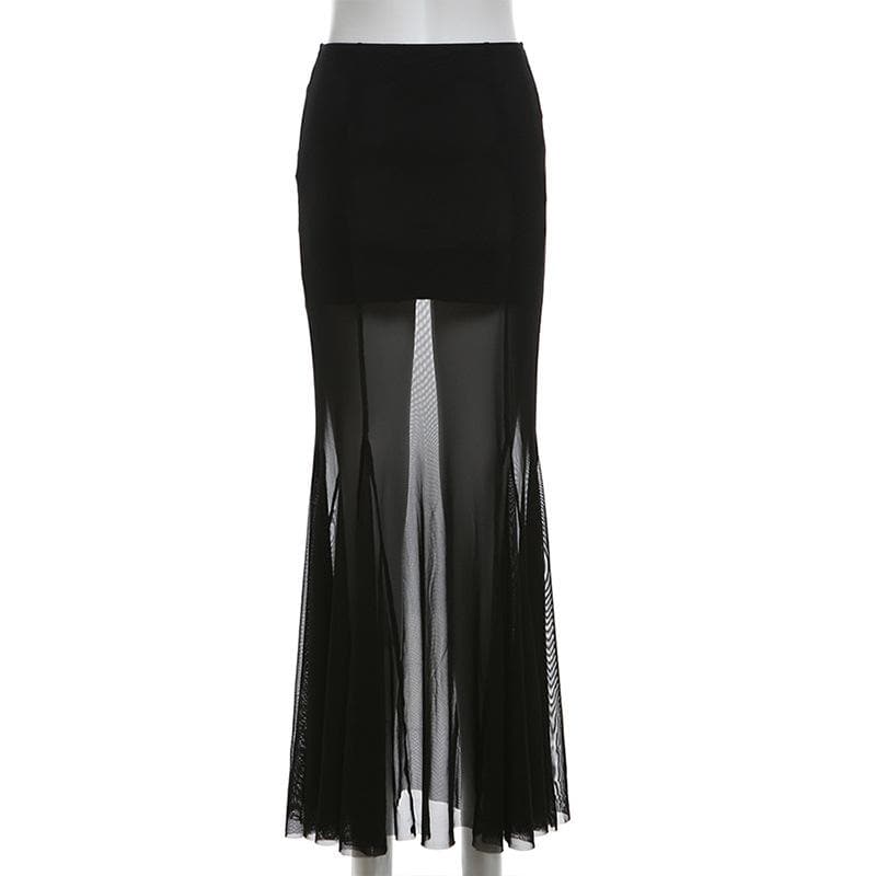 Mesh patchwork stitch solid maxi skirt  | Festival Outfits Women