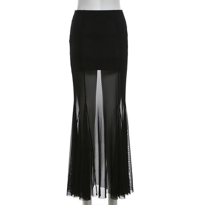 Mesh patchwork stitch solid maxi skirt  | Festival Outfits Women