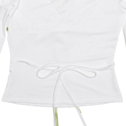 Lace hem long sleeve v neck ribbon ruched top  | Festival Outfits Women