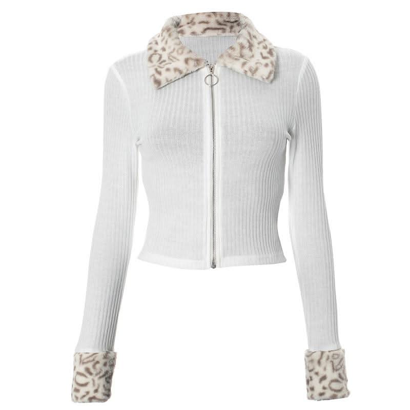 Zip-up long sleeve turnover collar leopard fluffy top  | Festival Outfits Women  | Cheetah Print Top