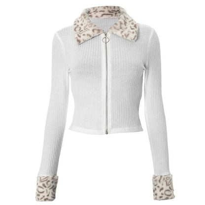 Zip-up long sleeve turnover collar leopard fluffy top  | Festival Outfits Women  | Cheetah Print Top