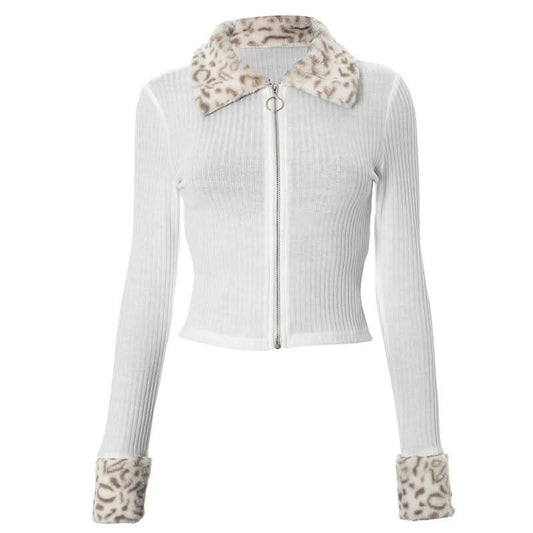 Zip-up long sleeve turnover collar leopard fluffy top  | Festival Outfits Women  | Cheetah Print Top