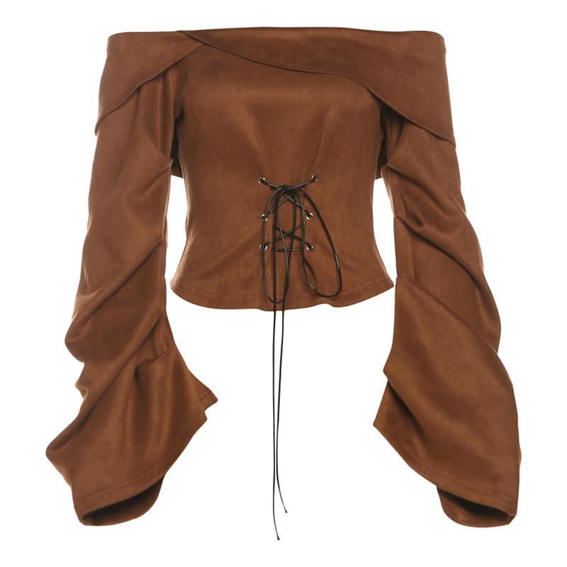 Off shoulder long sleeve lace up zip-up top  | Festival Outfits Women