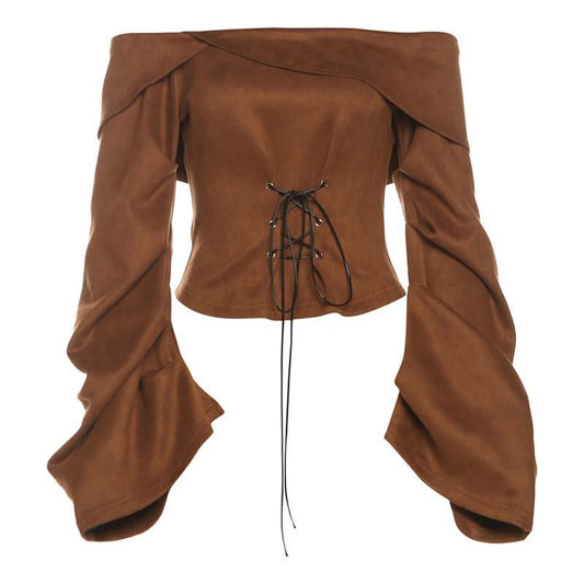 Off shoulder long sleeve lace up zip-up top  | Festival Outfits Women