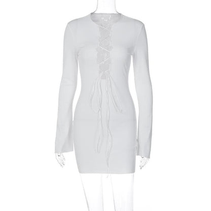 Lace up solid long sleeve ribbed self tie mini dress  | Festival Outfits Women