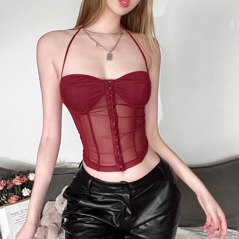 Button mesh backless solid corset halter self tie top  | Festival Outfits Women