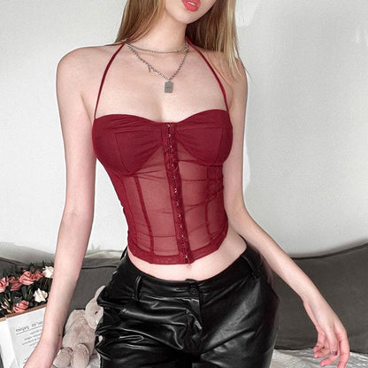 Button mesh backless solid corset halter self tie top  | Festival Outfits Women